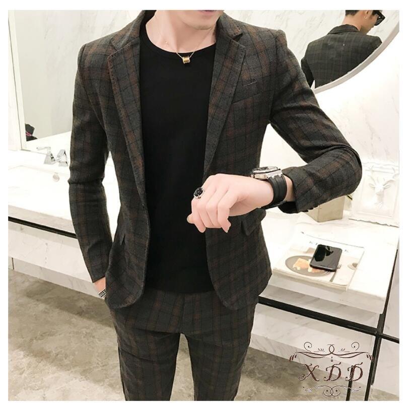 メンズスーツ 2点セット ジャケット ズボン チェック柄 テーラードジャケット 2色入 韓国風 結婚式 細身 お洒落 通勤 面接 宴会 ダブルスーツ サイズ Xl Myleet Com