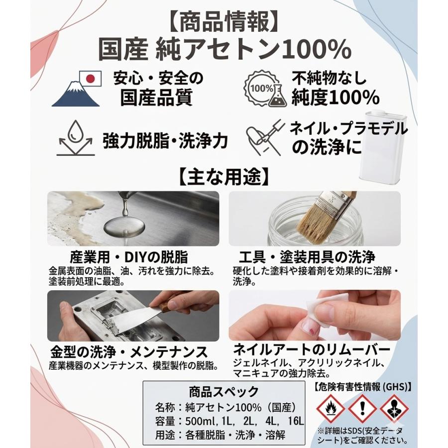 純 アセトン2L 1級 100% リムーバー FRP 補修 樹脂 溶剤 洗浄 ベロ付き