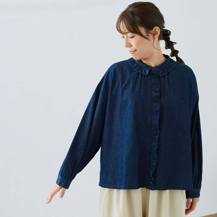 クラウドナイン Cloud nine 5.4oz布帛デニムフリル付前開きブラウス