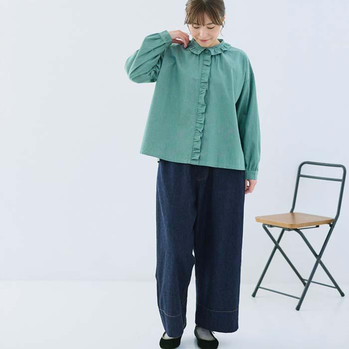 クラウドナイン Cloud nine 5.4oz布帛デニムフリル付前開きブラウス