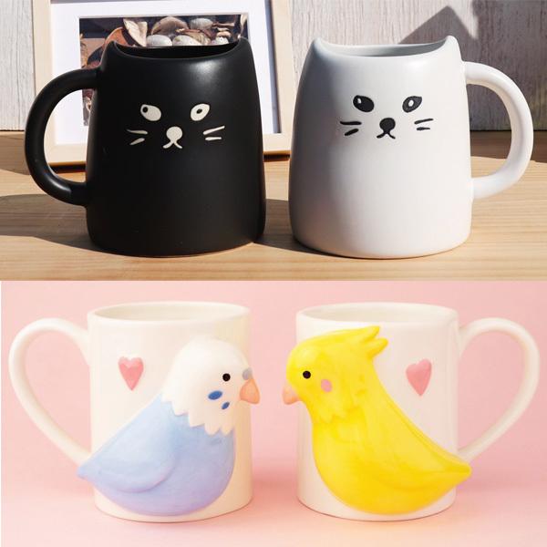 サンアート アニマル ペア マグカップ | キス ネコ セキセイインコ