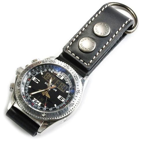 ベルトに付けたり バッグに吊るせる ぬめ革の時計ホルダー/Type-D (牛ぬめ革製／ブラック) (ステッチカラー：ホワイト) アクセサリーリフォーム