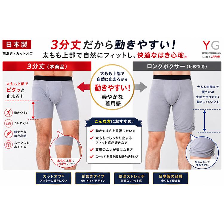 YG ボクサーパンツ メンズ 3分丈 前あき 日本製 カットオフ 綿混