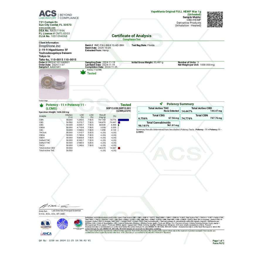 新規制対応】 CBD ワックス CBN CBG 高濃度 FULL HEMP WAX 1g