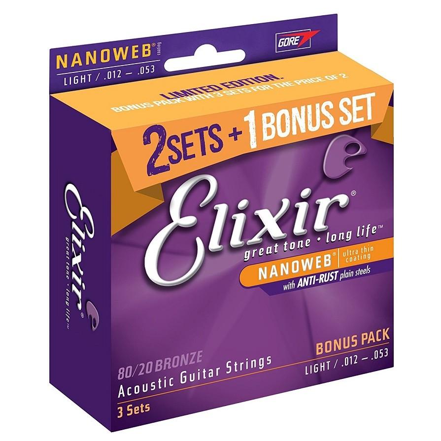 Elixir エリクサー アコースティックギター弦 3セットパック NANOWEB 80/20ブロンズ Light .012-.053 #16539 _｜vaps