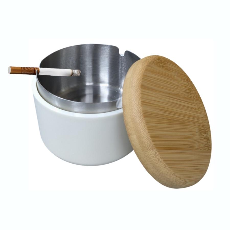 並行輸入品】アッシュトレイ 蓋付き 灰皿 白 ステンレス 木製 ふた付き
