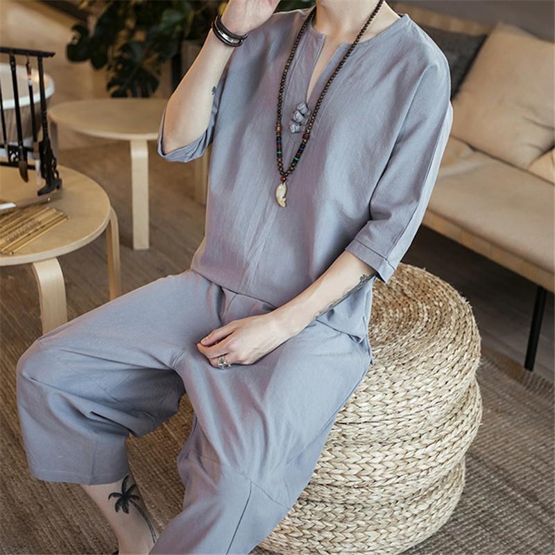 七分丈サルエルパンツ上下 ルームウェア メンズ 甚平風 リネン 薄手 夏