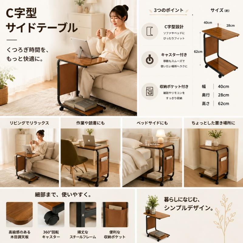 ソファテーブル キャスター付き ベッドテーブル サイドテ―ブル
