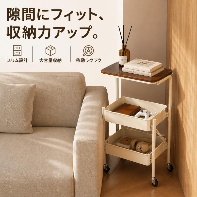 キッチンワゴン 天板付き スリム キャスター付き 木製天板 スチール 3