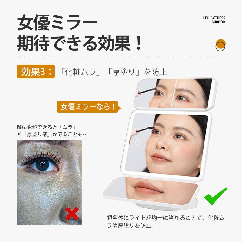 女優ミラー LEDライト 化粧鏡 三面鏡 卓上ミラー メイク 充電式 卓上鏡