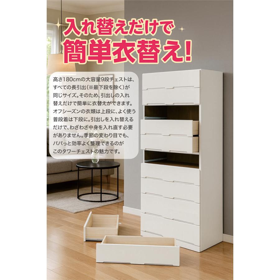 5日つく日 P9%〜 チェスト タンス 幅50 9段 ハイチェスト ホワイト 箱
