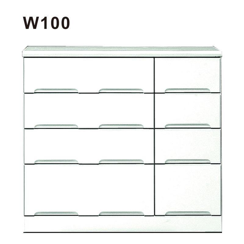 白 チェスト タンス ローチェスト 幅100 4段 ホワイト 鏡面 光沢あり 艶あり 引き出し 箱組 姫系 木製 北欧 モダン 完成品 一人暮らし｜variefurni
