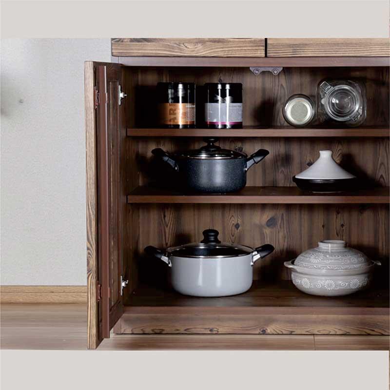 【美品】カップボード　キッチンボード　木製　ガラス扉付き 食器棚 収納 完成品 120 木製 パイン材 キッチンボード キッチン収納