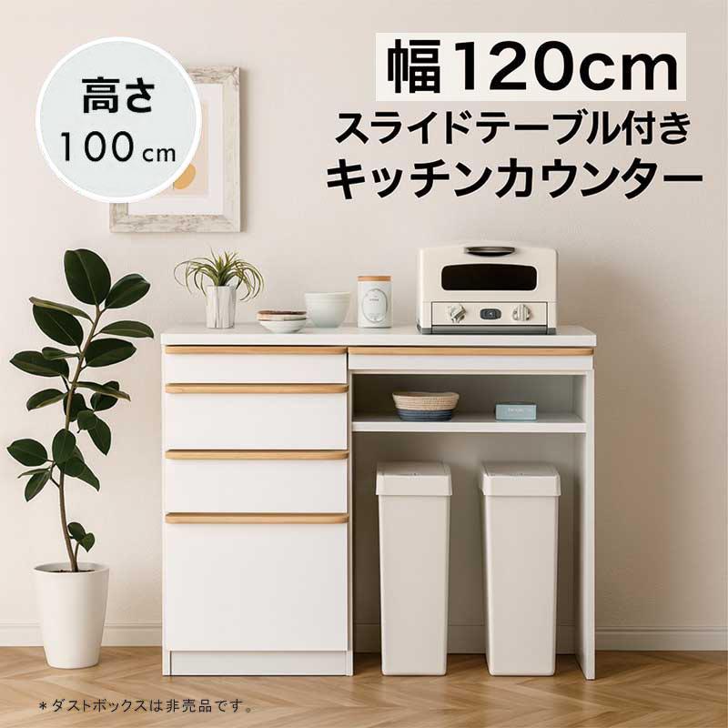 5日のつく日 P最大9%〜幅120cmキッチンカウンター 白 ゴミ箱収納