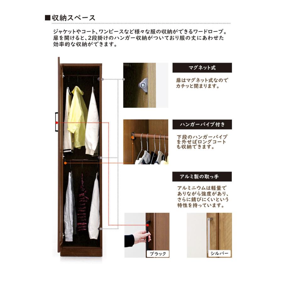 日曜日P15％ ワードローブ 幅40cm スリム 収納 完成品 ミラー付き 扉