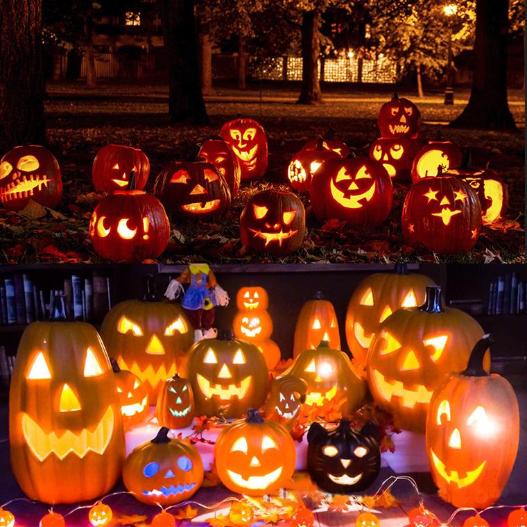 ハロウィン かぼちゃ置物 光る LED ジャックオーランタン 長型 幅30cm
