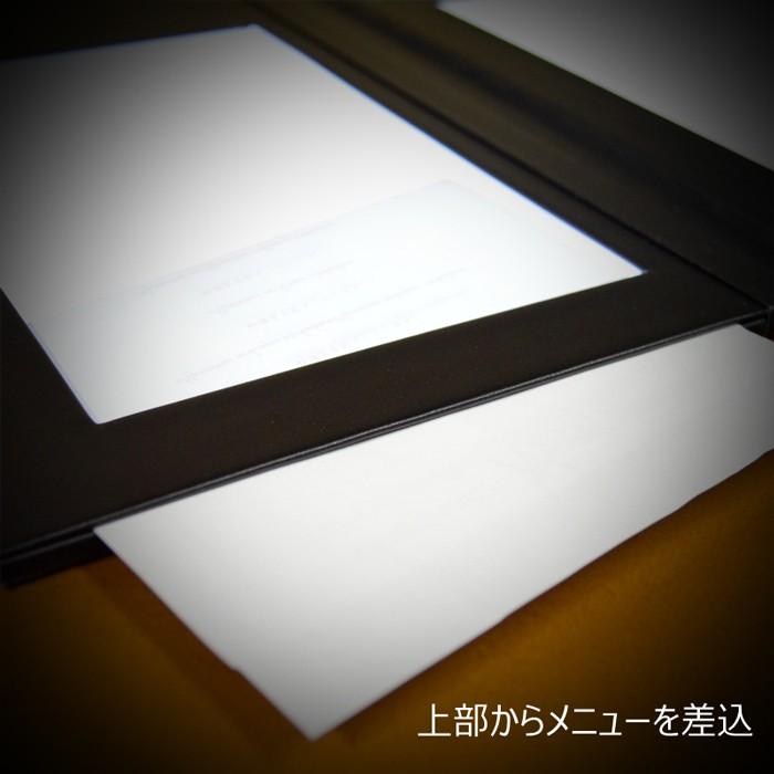 LED メニューブック 2ページ 本型 36×37.5cm 充電式 おしゃれ 光る メニュー表 縦長 合皮 レザー 結婚式 高級 見開き カバーの画像