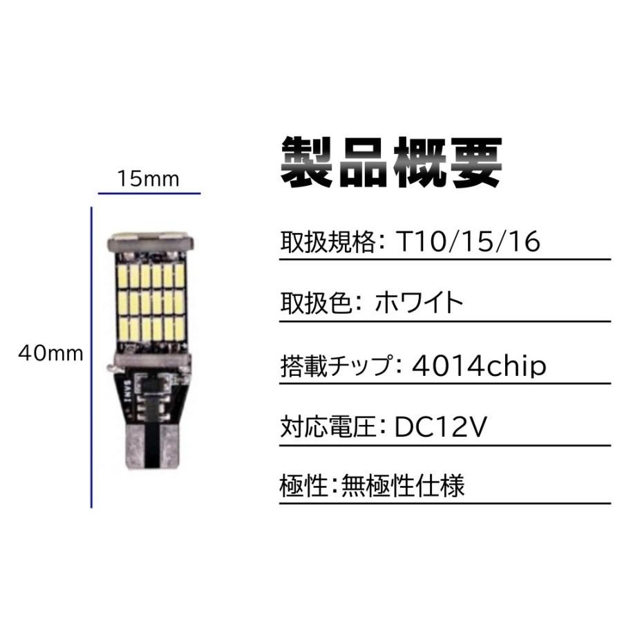 高輝度 T10/T15/T16 爆光 LED 45連 バックランプ球 後退灯 ポジション球 DC12V LEDバルブ 無極性 ホワイト｜various-goods｜03