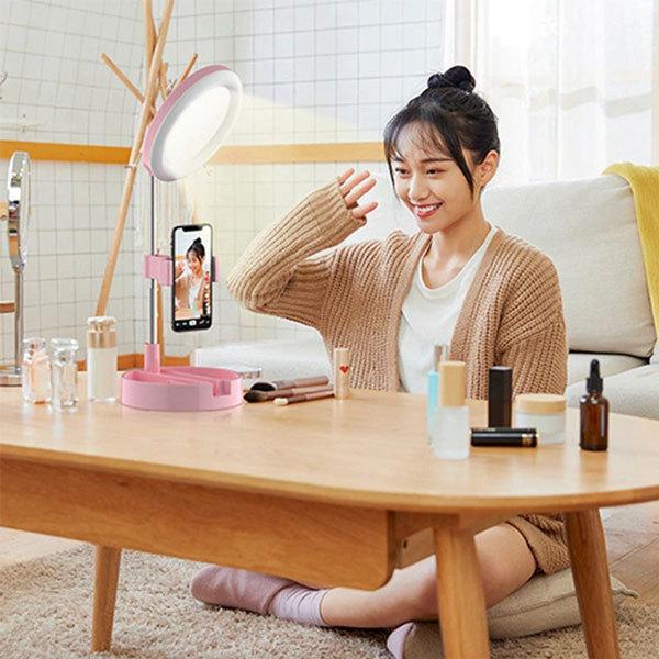 LEDリングライト 携帯用 ミラー付き ピンク スタンド付き スマホ 
