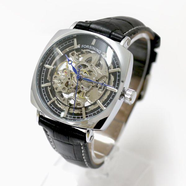 稼働中・美品・四角両面スケルトン・ハンドメイド・メンズ手巻き時計 37x33ミリ キノ KINO（キノ） 手作り腕時計 自動巻き 裏スケルトン メカニック