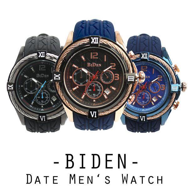 【BIDEN バイデン】日常生活防水 装飾ベゼル ワイヤーベゼルのデザイン クロノグラフ カレンダー BD013 メンズ腕時計 送料無料 | 