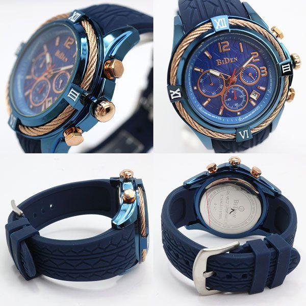 【BIDEN バイデン】日常生活防水 装飾ベゼル ワイヤーベゼルのデザイン クロノグラフ カレンダー BD013 メンズ腕時計 送料無料 |  | 01