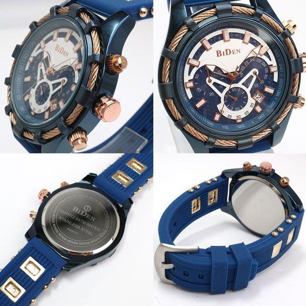【BIDEN バイデン】日常生活防水 装飾ベゼル ワイヤーベゼルのデザイン クロノグラフ カレンダー BD015 メンズ腕時計 送料無料 |  | 01