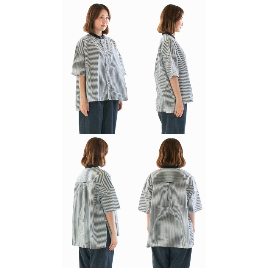 Prit プリット 50／1綿麻ブロード5分袖スタンドカラークレリックワイド