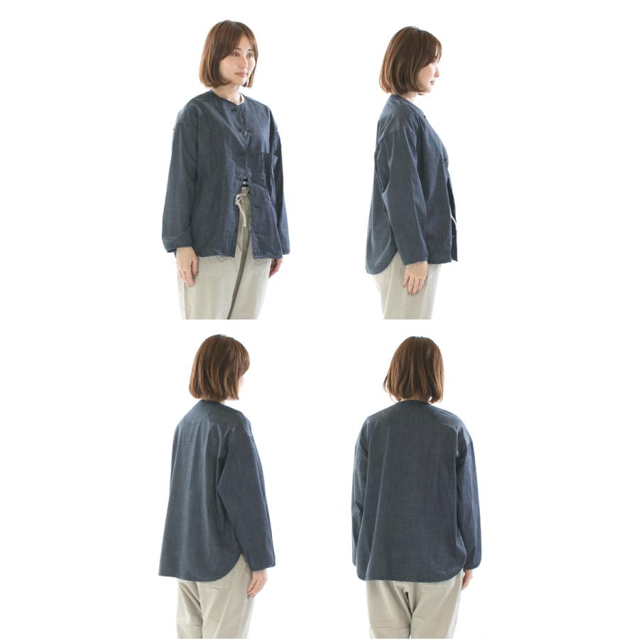 Pri プリット ストレッチライトオンスデニムノーカラーシャツブルゾン