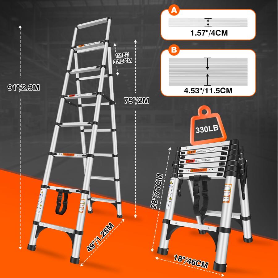 DayPlus 伸縮脚立はしご 最長2.3m 6段+7段 安定 兼用脚立 踏み台 折りたたみ 折り畳み 伸縮アルミはしご 持ち運びに便利 軽量 耐荷重｜vastforest｜02