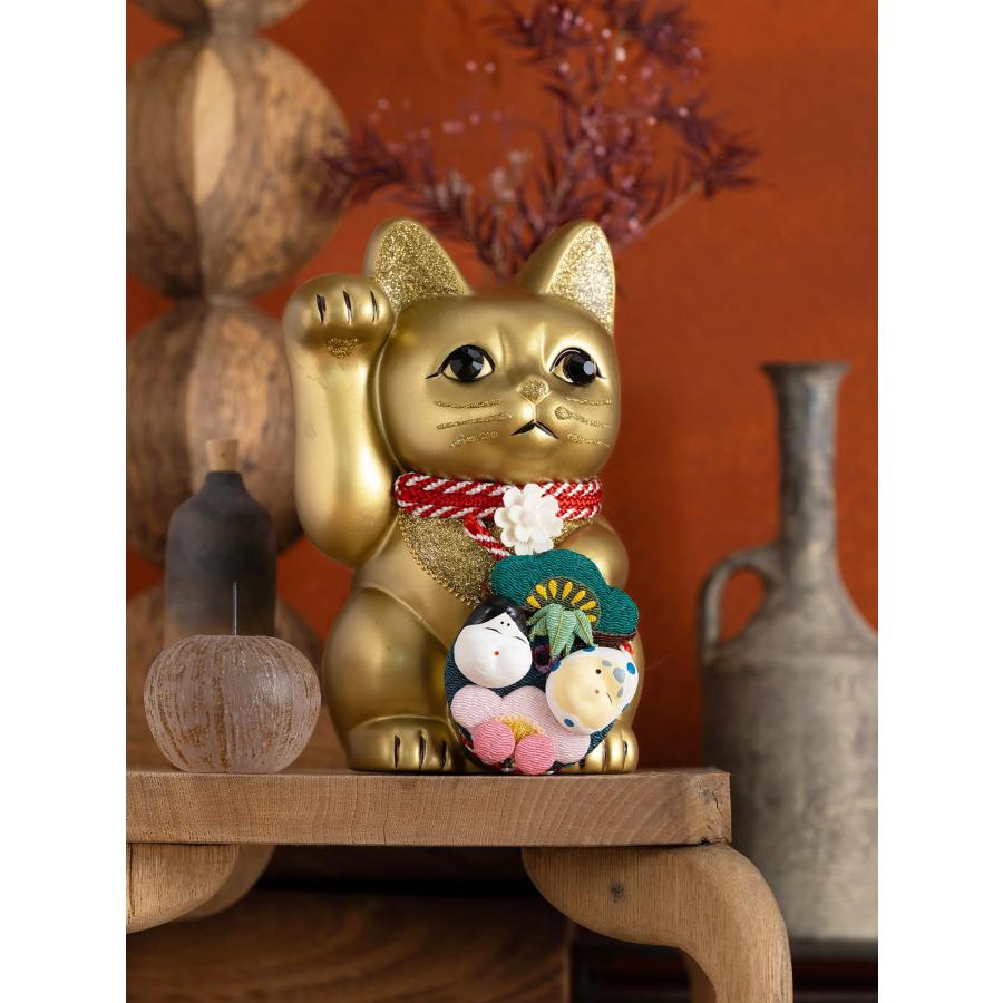 ご縁猫 和楽 おかめ ひょっとこ(M-SIZE 金 Gold)右手あげ/陶器 ご縁猫 和楽 おかめ ひょっとこ(M-SIZE 金 Gold)右手あげ/陶器