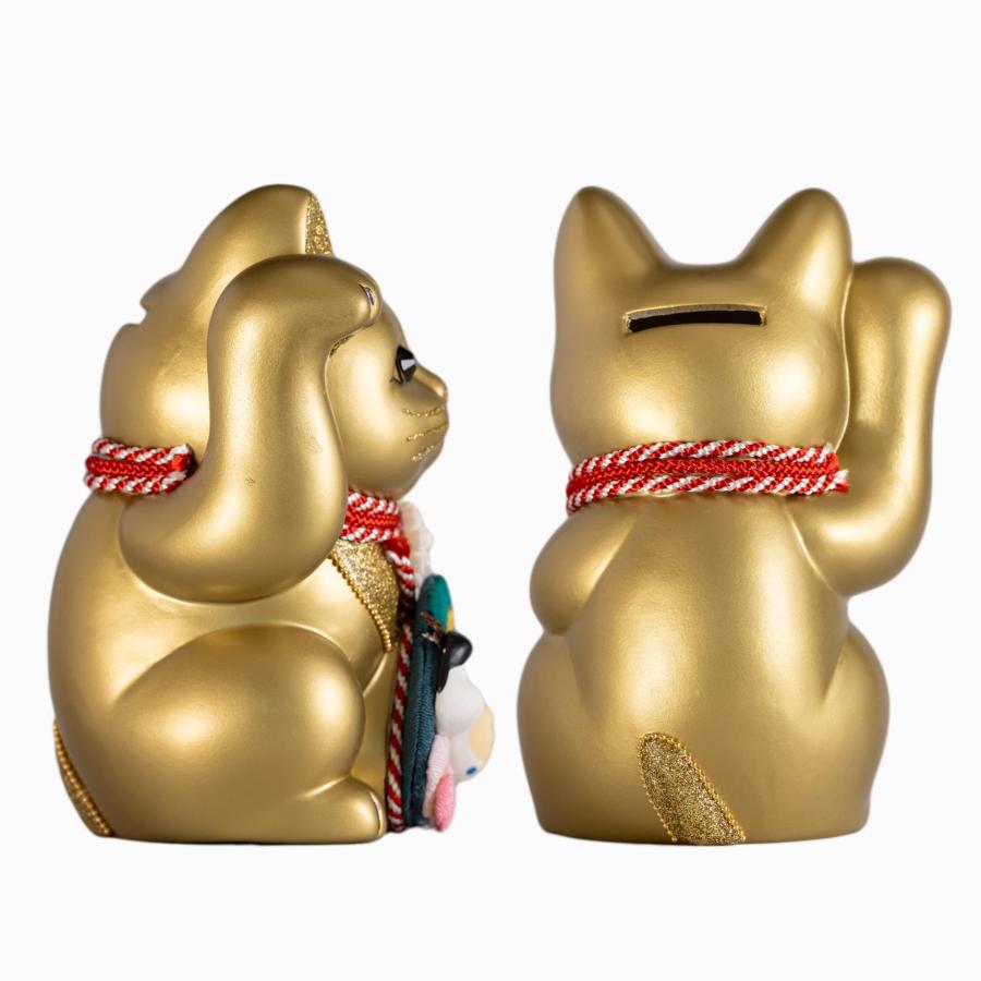 ご縁猫 和楽 おかめ ひょっとこ(M-SIZE 金 Gold)右手あげ/陶器 ご縁猫 和楽 おかめ ひょっとこ(M-SIZE 金 Gold)右手あげ/陶器
