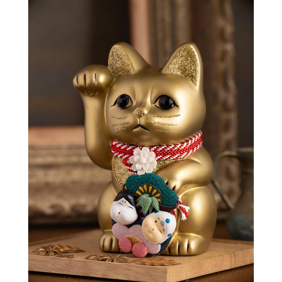 ご縁猫 和楽 おかめ ひょっとこ(M-SIZE 金 Gold)右手あげ/陶器 ご縁猫 和楽 おかめ ひょっとこ(M-SIZE 金 Gold)右手あげ/陶器