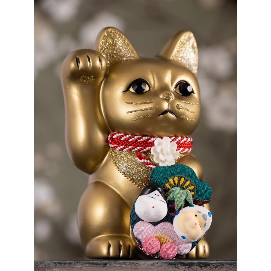 ご縁猫 和楽 おかめ ひょっとこ(M-SIZE 金 Gold)右手あげ/陶器 ご縁猫 和楽 おかめ ひょっとこ(M-SIZE 金 Gold)右手あげ/陶器