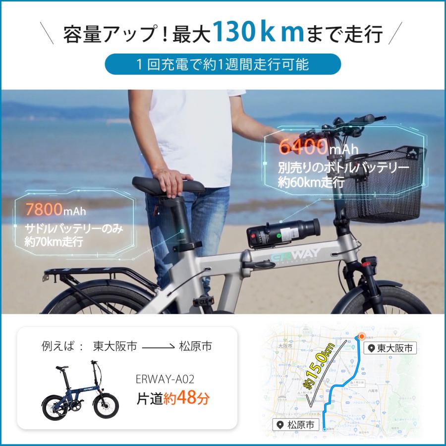 おまけ付 電動自転車 おしゃれ 折りたたみ 130KM走行可能 電動アシスト自転車 erway パワフル ５段階アシスト搭載 20インチ 8段変速 通勤 通学 免許不要｜vastmart｜06