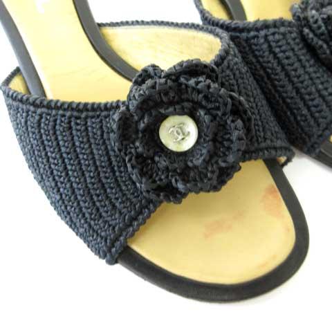 CHANEL シャネル カメリアココマーク付きサンダル ラムスキン 黒 35