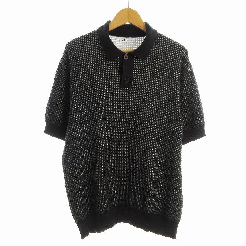 ZARA ザラ ニットポロシャツ カットソー 半袖 XL 黒 ブラック 白 ZARA ザラ ニットポロシャツ カットソー 半袖 XL 黒 ブラック 白