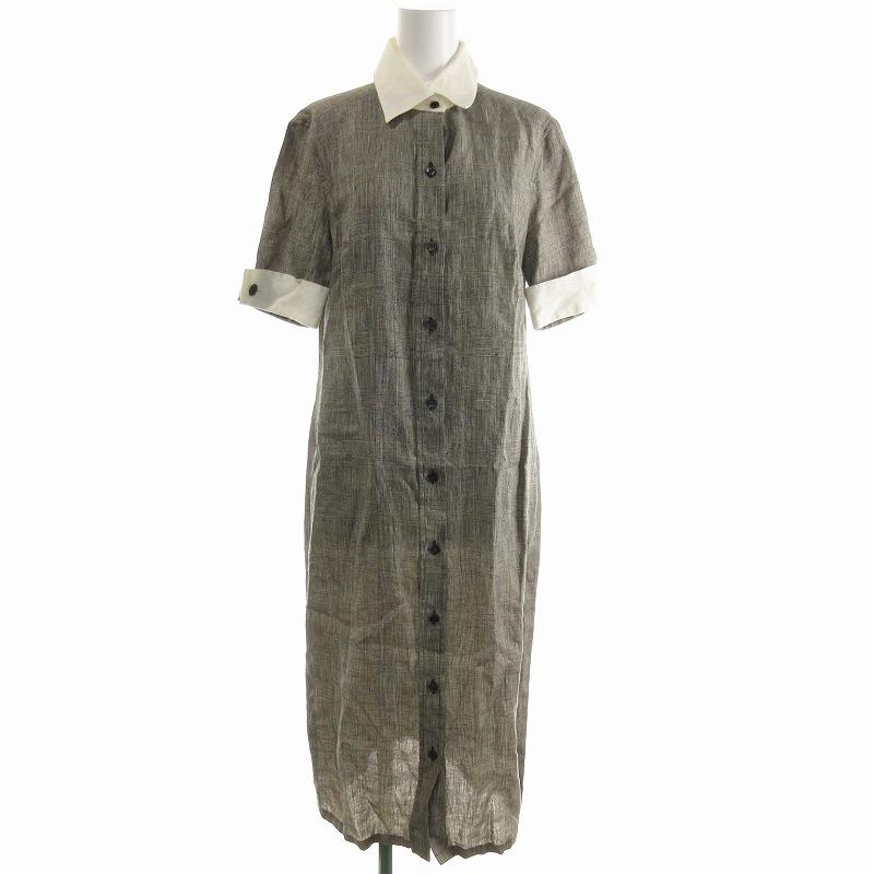 マックスマーラ白タグシャツワンピースロングリネンシルク千鳥格子38