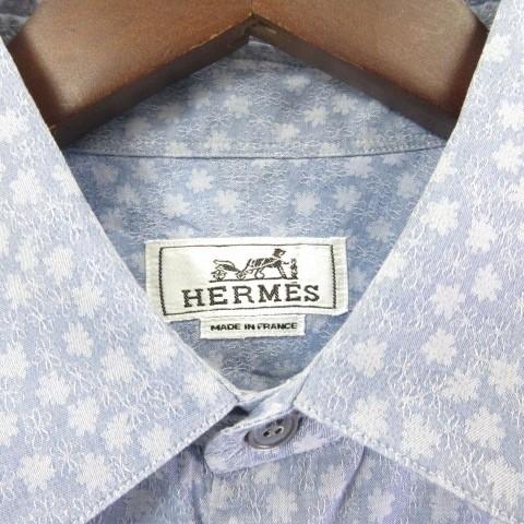 HERMES（エルメス） セリエ ボタン シャツ 長袖 総柄 花柄 ブルー 39
