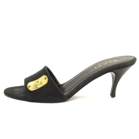 グッチ GUCCI サンダル ミュール ピンヒール プレートロゴ デニム 黒
