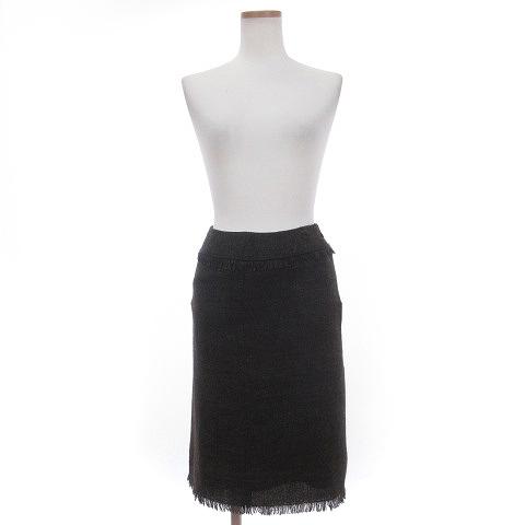 フェンディ FENDI タイトスカート フリンジ ひざ丈 無地 茶 ブラウン  