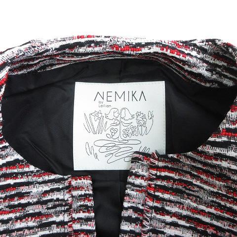 ネミカ NEMIKA セットアップ ジャケット ノーカラー ボタンレス シングル スカート ひざ丈 台形 ツイード 総柄 赤 黒 11 L相当 レディース｜vectorpremium｜08