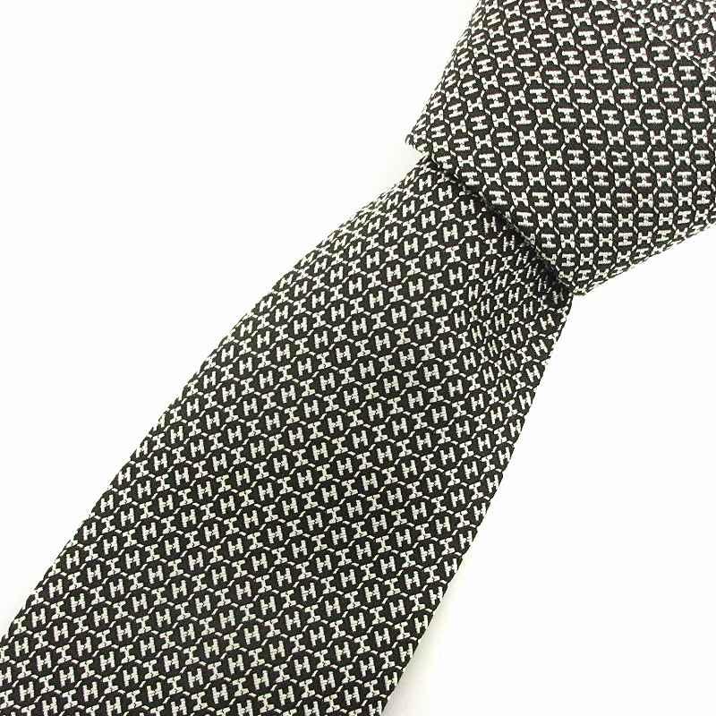 【美品】エルメス ネクタイ グレー系 H柄 総柄 ジャガード 高級【フランス製】 HERMES エルメス ネクタイ TIE メンズ フランス製 シルク H柄