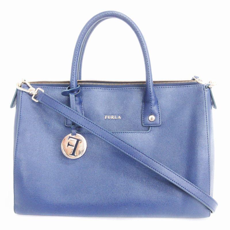 FURLA ショルダーバッグ 2way ハンドバッグ ブルー レザー ロゴ FURLA フルラ ハンドバッグ ショルダー 2WAY ロゴ プレート
