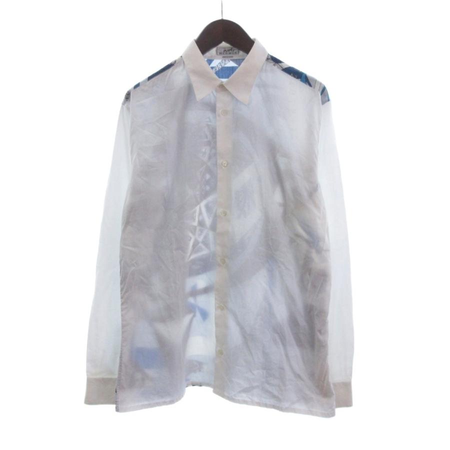 HERMES（エルメス） シャツ 長袖 スカーフ柄 コットン 青 白 ブルー