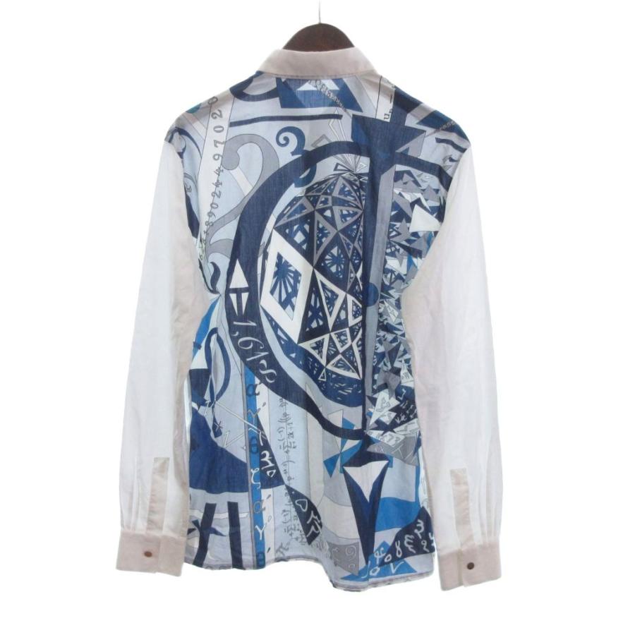 【中古】エルメス HERMES シャツ 長袖 スカーフ柄 コットン 青 白 ブルー ホワイト 41 メンズ HERMES（エルメス） シャツ 長袖 スカーフ柄 コットン 青 白 ブルー