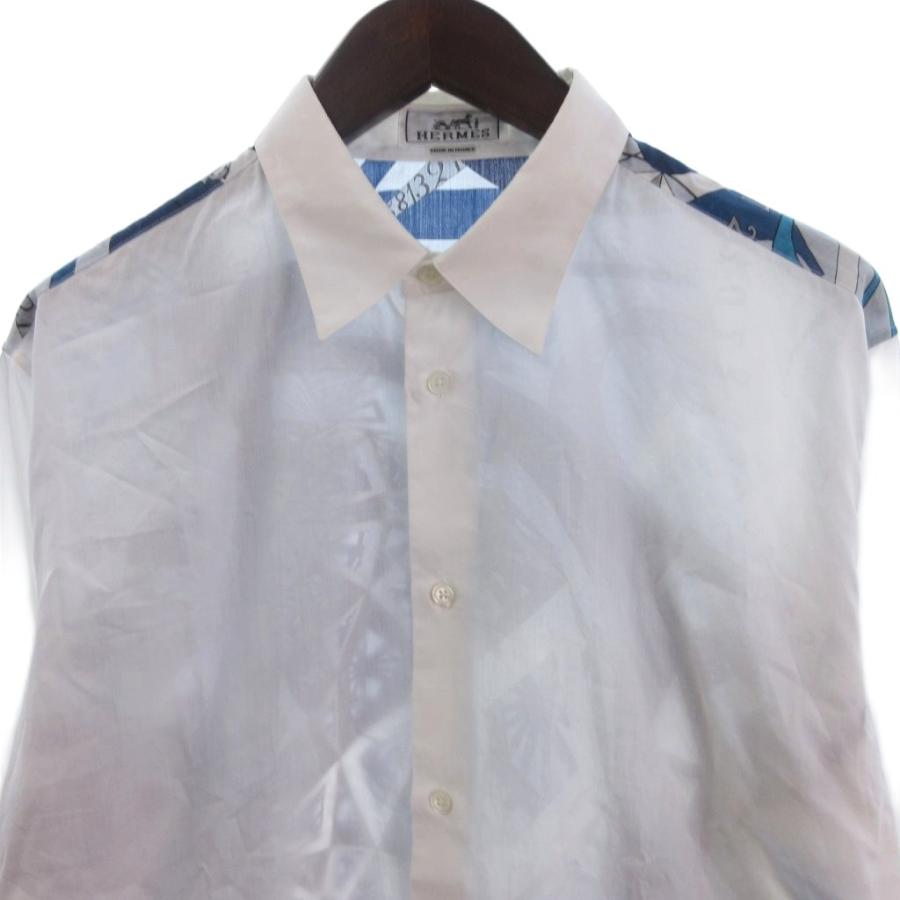 HERMES（エルメス） シャツ 長袖 スカーフ柄 コットン 青 白 ブルー