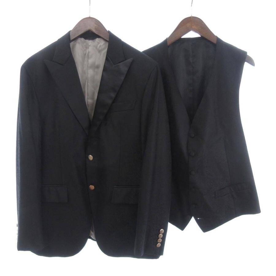 【中古】麻布テーラー 美品 2点 テーラードジャケット ベスト ウール ペイズリー柄 黒 ブラック 052 A 058 A メンズ 麻布テーラー 美品 2点 テーラードジャケット シングル 2B ベスト 前