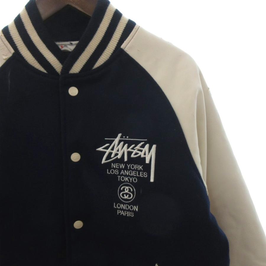 STUSSY（ステューシー） スタジャン ブルゾン 刺繍 ロゴ ウール 紺 白