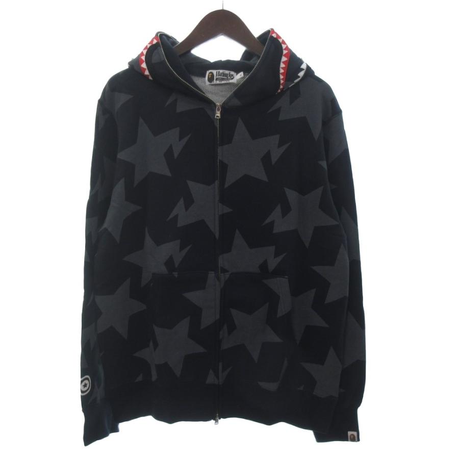【中古】アベイシングエイプ 美品 パーカー スウェット シャークフーディ フルジップ 裏毛 ワッペン 総柄 星 黒 XL A BATHING APE（アベイシングエイプ） 美品 パーカー スウェット